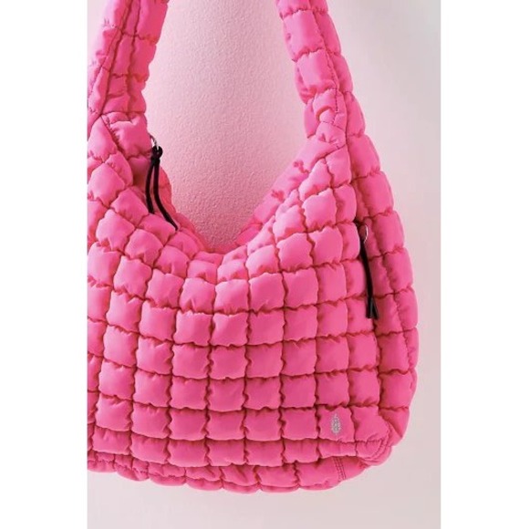 Free People Movement Quilted Carryall Bag Hot Pink Puffer Hobo Tote Large FP New - Picture 2 of 4